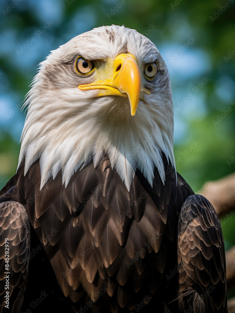 Fototapeta premium Close-up of a majestic bald eagle with sharp eyes and detailed feathers, set against a blurred green background.