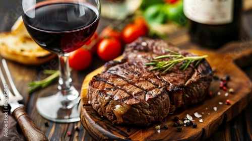 Grilled steak served with a glass of red wine on a dining table