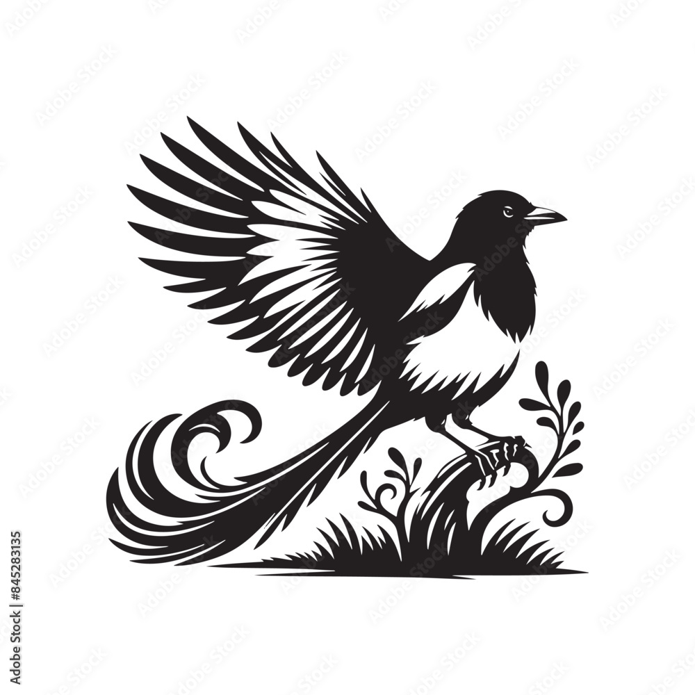 Fototapeta premium Magpie Bird Silhouette: Vector Illustrations Capturing the Tranquility of the Natural World - Magpie Bird Vector - Magpie Bird Illustration.