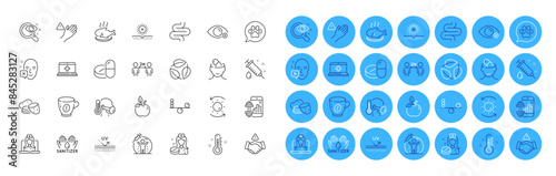 Vision test, Depression treatment and No sun line icons pack. Farsightedness, Potato, Medical drugs web icon. Thermometer, Sick man, Medical help pictogram. Telemedicine, Dont handshake. Vector