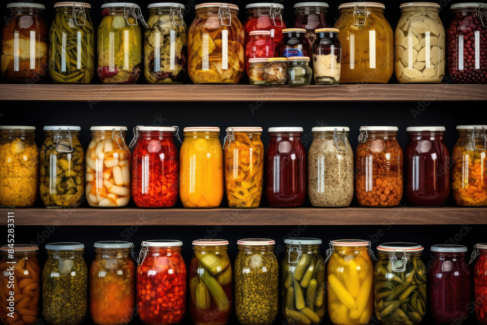 Colorful jars of preserved vegetables and fruits neatly arranged on wooden shelves in a pantry, showcasing home-canned and pickled foods.