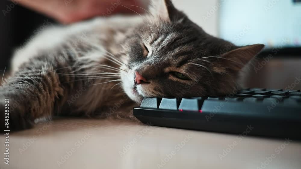 Close-up of a sleeping cat and a hand stroking the pet lying on the keyboard