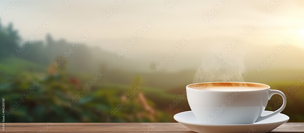 In the morning there is a picture of a white cup filled with freshly brewed espresso coffee providing a serene and inviting copy space image In the morning there is a picture of a white cup filled with freshly brewed espresso coffee providing a serene and inviting copy space image