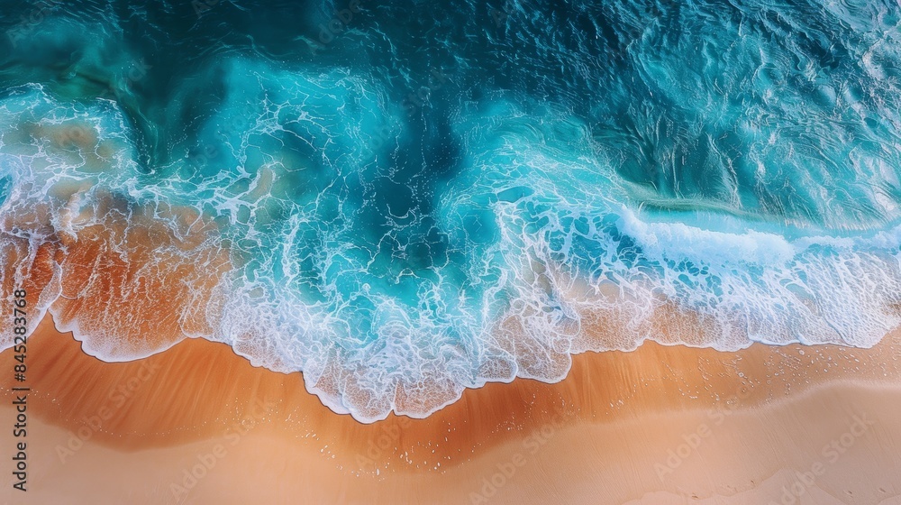 An image of a secluded beach with soft, golden sand and clear, turquoise waters, where the gentle waves lap at the shore, creating a relaxing and serene atmosphere.