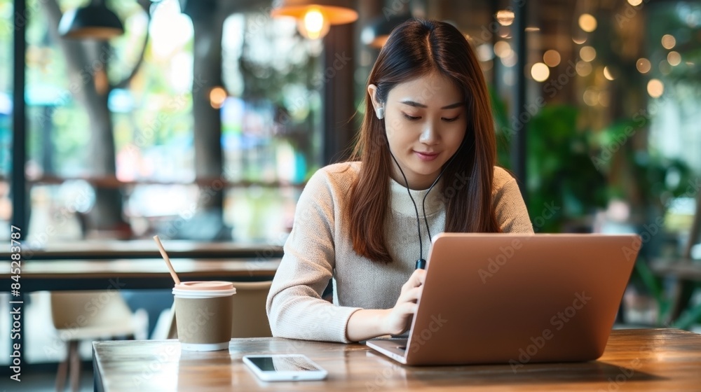 Young woman working on a laptop in a cozy cafe, listening to music or a podcast with earphones. A smartphone and a coffee cup are on the table. Young woman working on a laptop in a cozy cafe, listening to music or a podcast with earphones. A smartphone and a coffee cup are on the table.