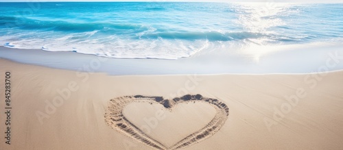 A heart shaped drawing etched on a sandy beach with a serene ocean in the background and a top down perspective offering ample space for accompanying text