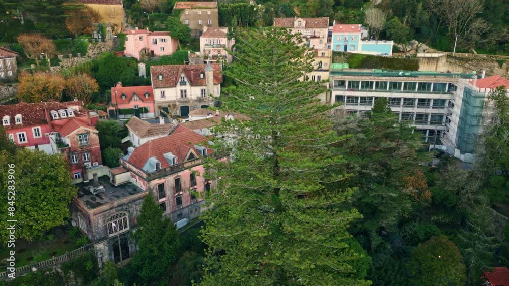 Drone picturesque green village at calm evening. Lush greenery surrounding homes Drone picturesque green village at calm evening. Lush greenery surrounding homes