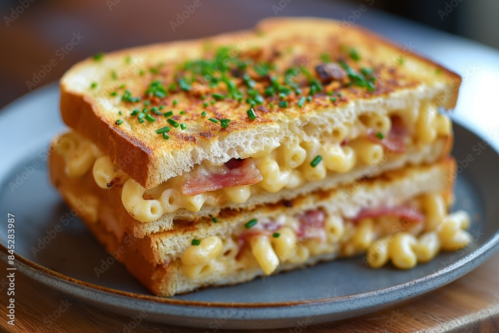 Delicious grilled cheese with macaroni and bacon on a plate Delicious grilled cheese with macaroni and bacon on a plate