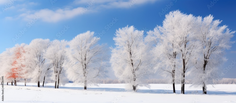 In a winter landscape young trees with dry red foliage are covered in snow The trees stand under a blue sky creating a beautiful image with copy space In a winter landscape young trees with dry red foliage are covered in snow The trees stand under a blue sky creating a beautiful image with copy space