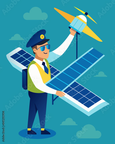 The pilot of the solarpowered plane can adjust the angle of its solar panels in real time optimizing its energy intake and flight path.. Vector illustration