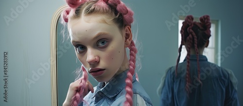 A teenage girl examines her reflection in the mirror studying her appearance with curiosity She has a playful hairstyle as her pink kanekalon hair is braided into pigtails The image allows for copy s photo