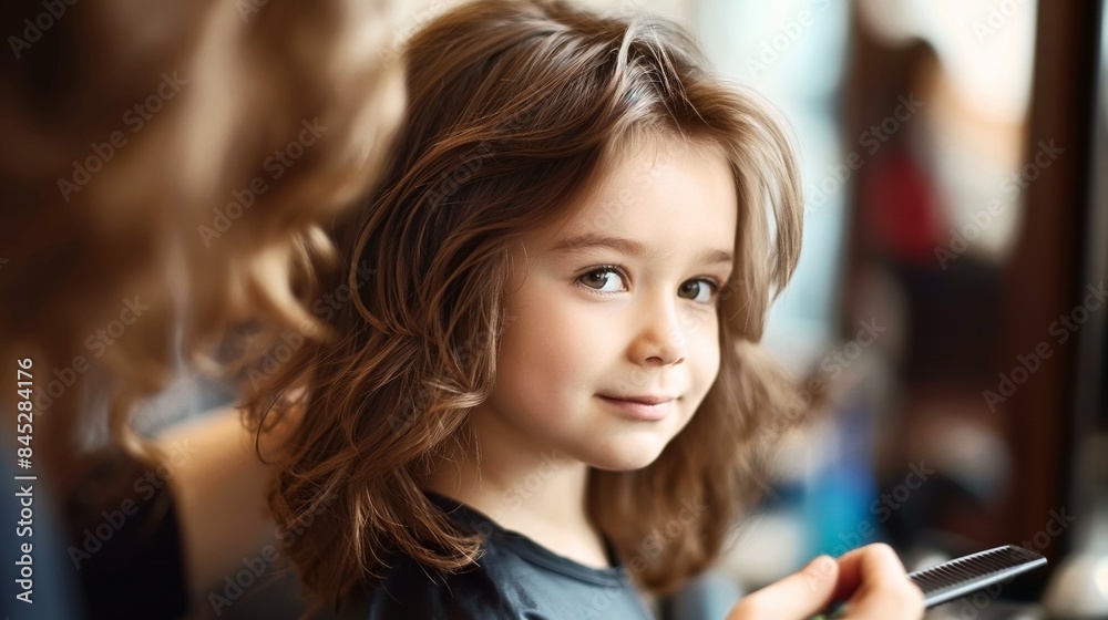 A young child with wavy hair sits in a salon chair, smiling while getting a haircut. A young child with wavy hair sits in a salon chair, smiling while getting a haircut.