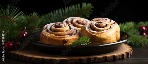 A homemade festive dessert filled with cinnamon known as cinnabon or cinnamon rolls is displayed on a dark background alongside a Christmas tree branch. Creative banner. Copyspace image photo