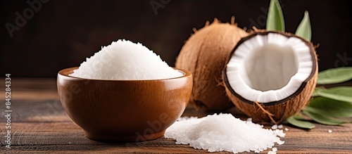 This image features a wooden bowl containing a sugar substitute surrounded by a coconut background The sweetener includes natural options such as stevia and erythritol The copy space image portrays a photo