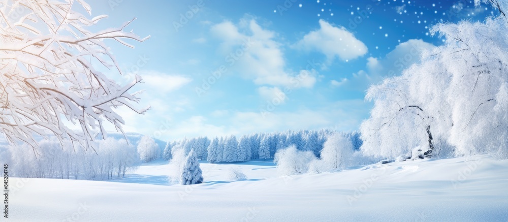 A picturesque winter scene with a serene forest covered in white snow adorned with tree branches The backdrop is a sunny and frosty day accompanied by a clear blue sky Wishing you a joyful New Year a