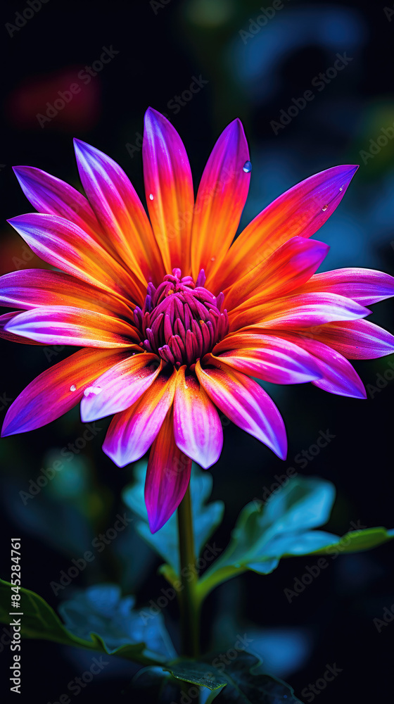 Vibrant close-up of a colorful flower in full bloom, showcasing vivid petals and a dark background.