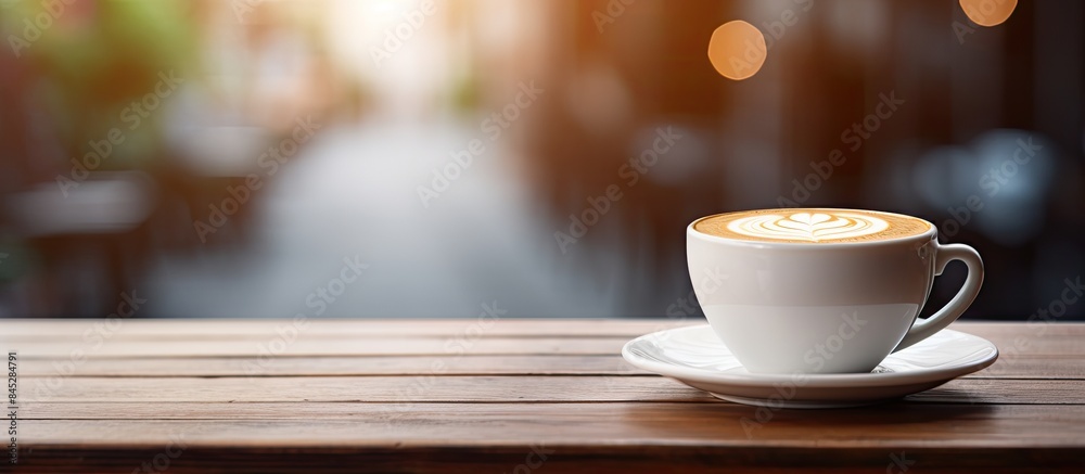 A cup of coffee rests on a table in a cafe with plenty of open space for other objects or decorations creating a versatile and inviting copy space image A cup of coffee rests on a table in a cafe with plenty of open space for other objects or decorations creating a versatile and inviting copy space image