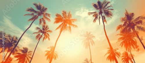 Fototapeta Naklejka Na Ścianę i Meble -  Vintage style photograph with palm trees depicted in an orange pop art effect accompanied by light leaks A perfect representation of a summery beach scene exemplifying the concepts of holidays and tr