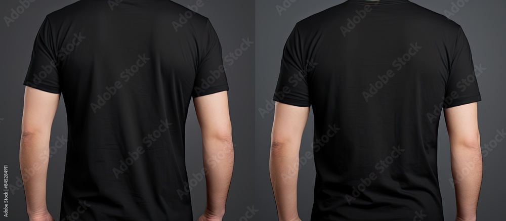 A young man is shown in a blank black t shirt seen from the front and back He is standing against a white background isolated with a clipping path The image can be used as a template for designing an