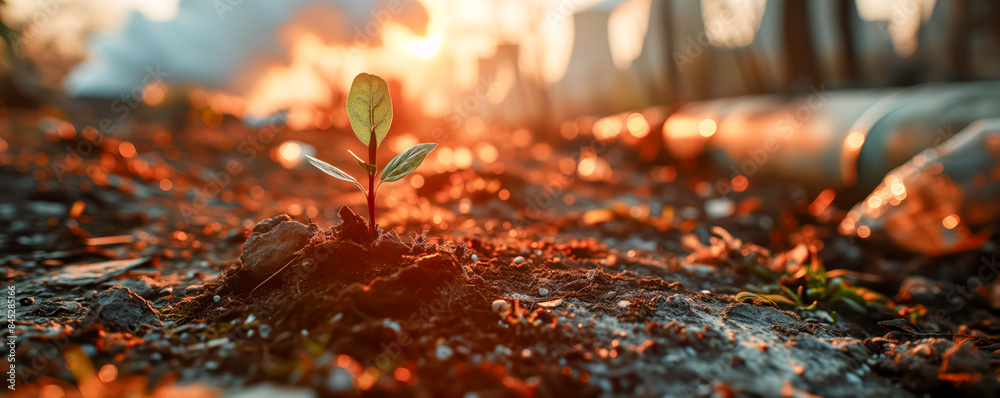 Small young plant growing on polluted land. Pollution and earth care ...