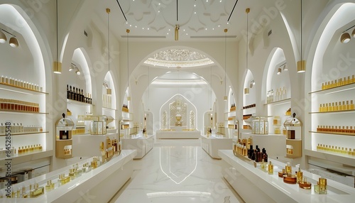 A white interior space of a luxury store for perfumes with arches white and gold background
