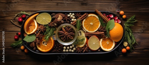 During the holidays a flat lay copy space image of fresh ingredients can be used to create a homemade simmering Christmas Potpourri that will fill your home with the delightful aroma of Christmas