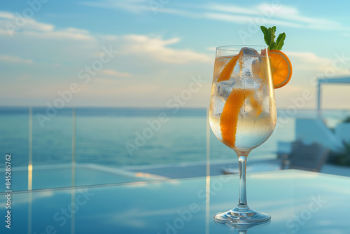 A cocktail in a glass garnished with an orange slice and mint, overlooking a serene ocean view with copy space. This setting suggests a luxurious and relaxing vacation atmosphere in hotel