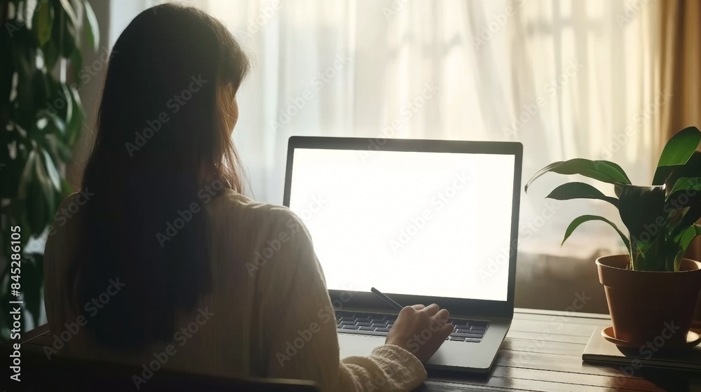 Person working on a laptop at a desk with a potted plant in a bright, sunlit room. Person working on a laptop at a desk with a potted plant in a bright, sunlit room.