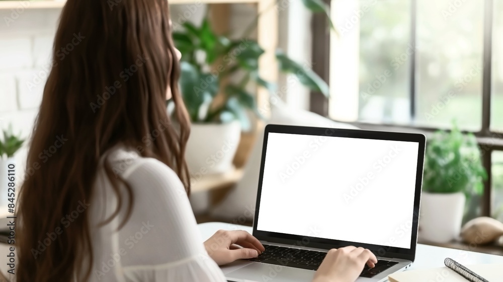 Woman working on laptop with blank screen in a home office with green plants and natural light.