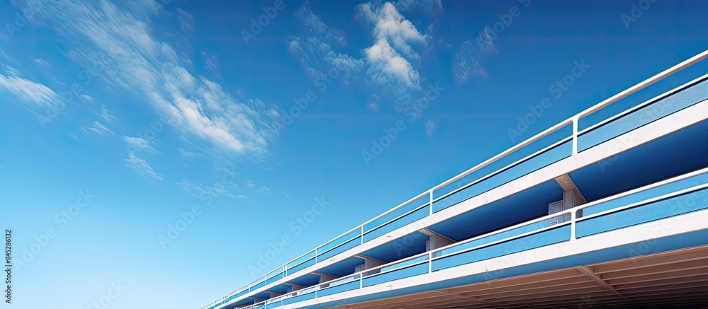 Fototapeta premium A street scene shows a modern parking garage with geometric lines viewed from below The blue sky serves as a backdrop offering copy space for text or graphics