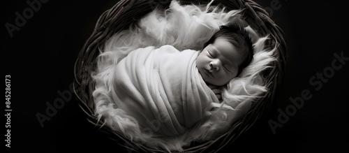 The image portrays a black and white photo of a peacefully sleeping newborn baby nestled in a basket and gently swaddled in a blanket This captivating photograph embodies the essence of childhood hea photo