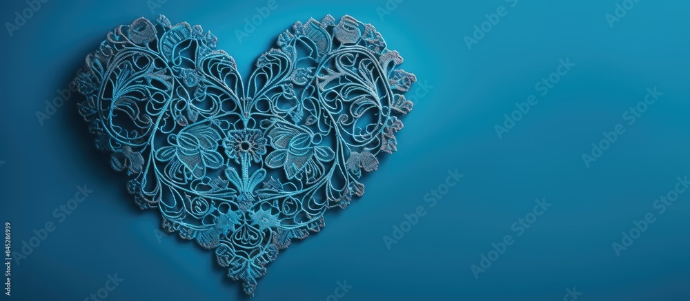 A handmade decorative textile heart set against a blue background seen from above This image embodies the concept of Valentine s Day with a flat lay composition. Creative banner. Copyspace image A handmade decorative textile heart set against a blue background seen from above This image embodies the concept of Valentine s Day with a flat lay composition. Creative banner. Copyspace image