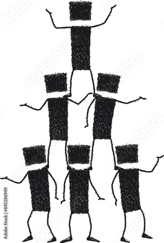 People pyramid, stick figures. A group of stick figures creates a human pyramid.