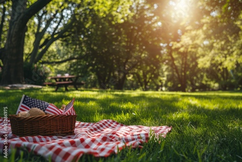 Family picnic setup with American flags and patriotic decorations, green park environment copy space, festive ambiance, vibrant, Overlay, park backdrop