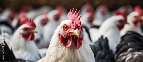 A gorgeous hen with a vibrant red comb and elegant brown black feathers roams gracefully amidst the white chickens in the farmyard It s captured in a close up shot with the background blurred providi photo