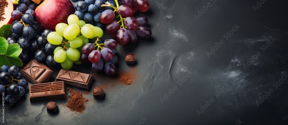 Healthy food concept with copy space image featuring fresh ripe grapes dark chocolate cocoa and apples on a concrete background These foods are rich in resveratrol and antioxidants