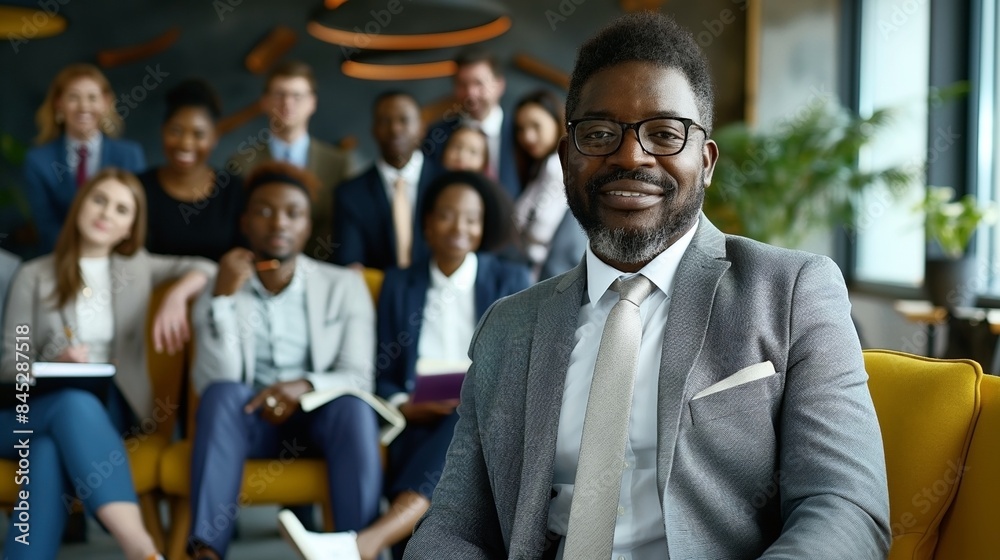 Confident businessman with colleagues in the background at a modern office Confident businessman with colleagues in the background at a modern office