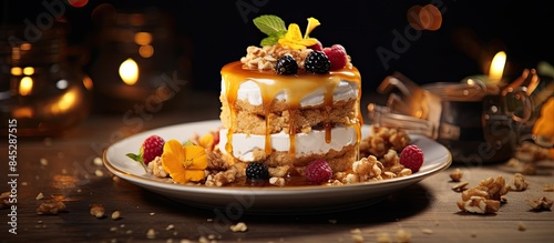 A delicious and nutritious dessert made with honey nuts and grains set against a captivating food backdrop with room for additional visuals