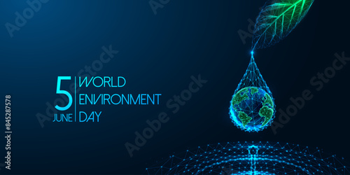 World Environment Day futuristic concept banner. Earth in water drop falls from leaf into puddle