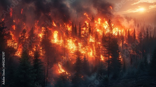A raging forest fire engulfing trees and wildlife