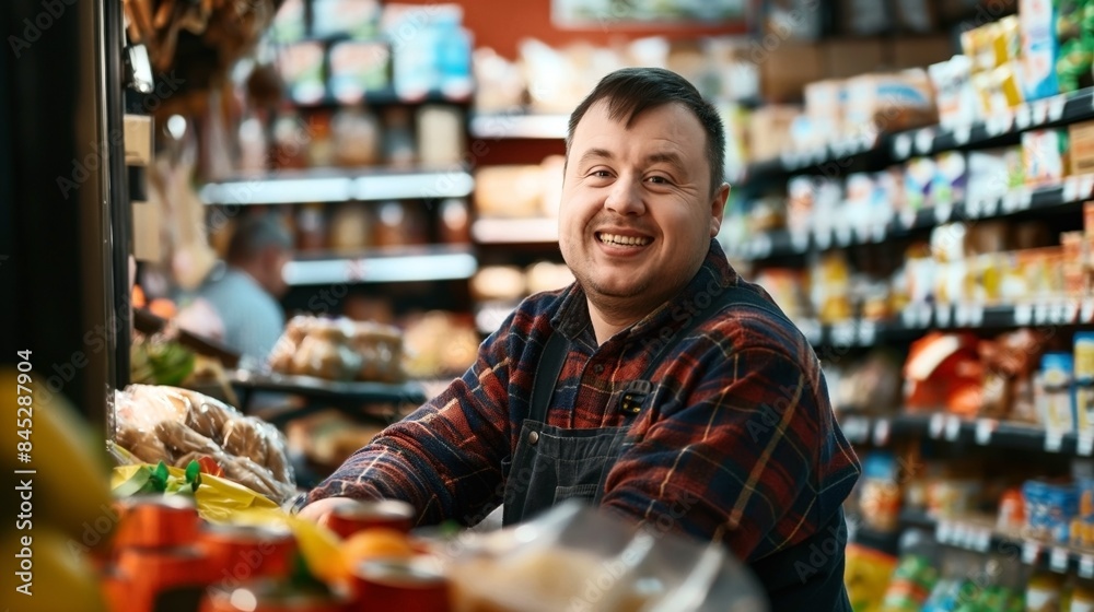 A cheerful store clerk in a plaid shirt and apron smiles while standing inside a grocery store with shelves stocked with various products in the background.