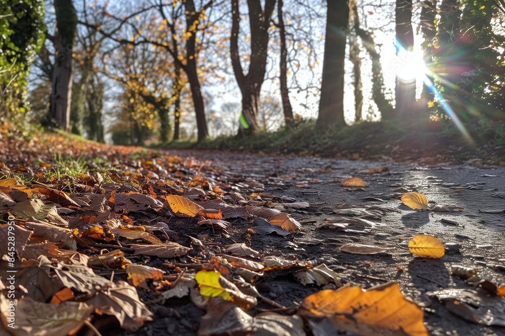 Sunlit Autumn Pathway with Fallen Leaves Sunlit Autumn Pathway with Fallen Leaves