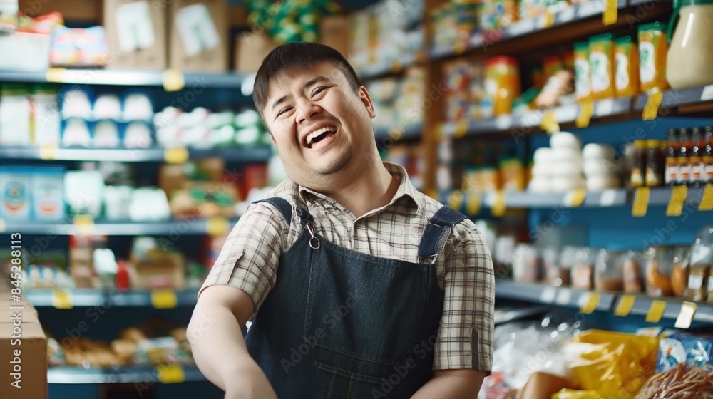 Smiling shop clerk in a checkered shirt and apron standing in a well-stocked grocery store with shelves of various products. Smiling shop clerk in a checkered shirt and apron standing in a well-stocked grocery store with shelves of various products.