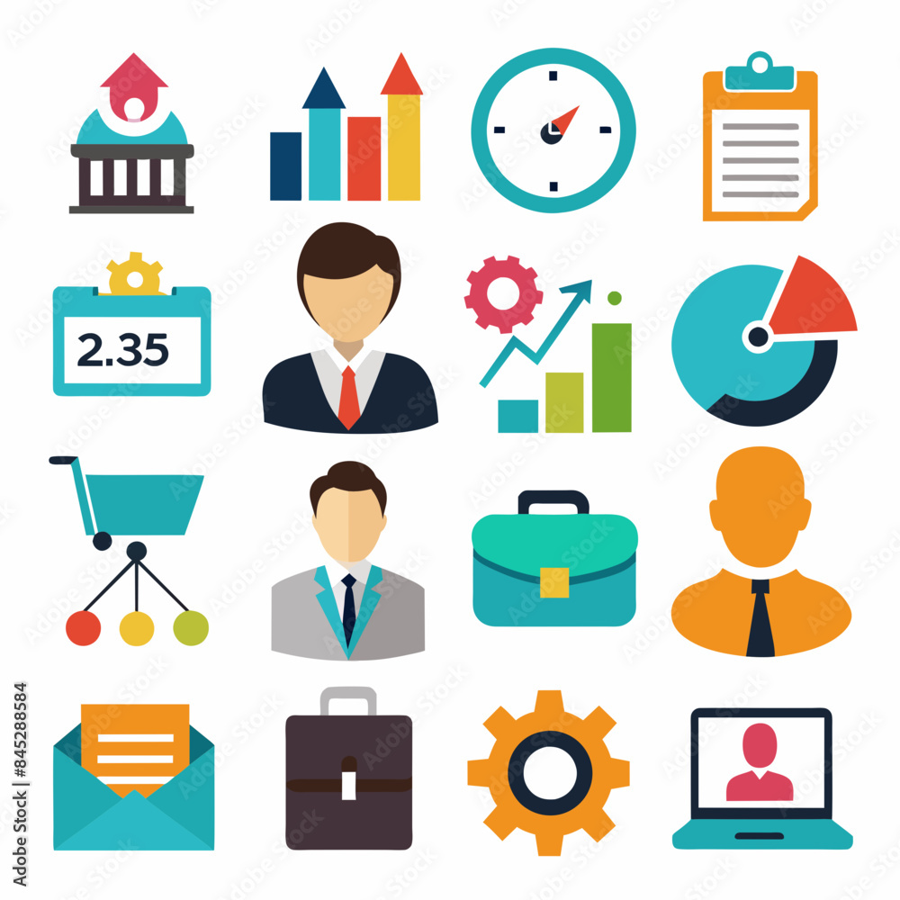 A detailed illustration showcasing various business-related icons and symbols. The central figure is a businessman surrounded by elements representing technology, communication, finance