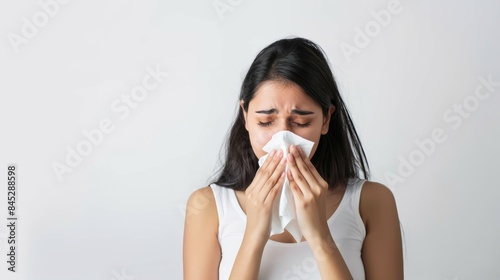 An Indian woman with runny nose holding tissue on a white background