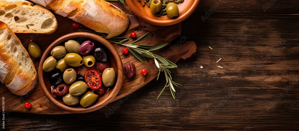 A copy space image showcasing a delicious appetizer of olives in a bowl accompanied by bread on a cutting board viewed from above allowing room for text A copy space image showcasing a delicious appetizer of olives in a bowl accompanied by bread on a cutting board viewed from above allowing room for text