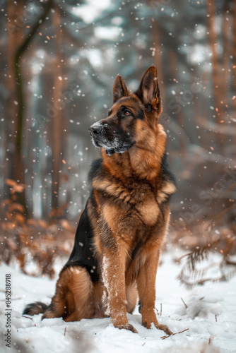 German Shepherd dog outdoors in forest on winter day © Neha