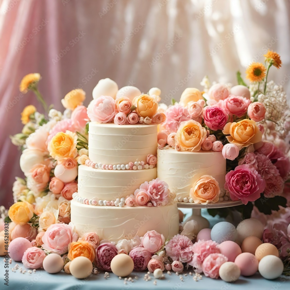 Birthday wedding cake beautifully decorated with intricate beige neutral soft sunny details, flowers, balls. Festive summer template. Birthday wedding cake beautifully decorated with intricate beige neutral soft sunny details, flowers, balls. Festive summer template.