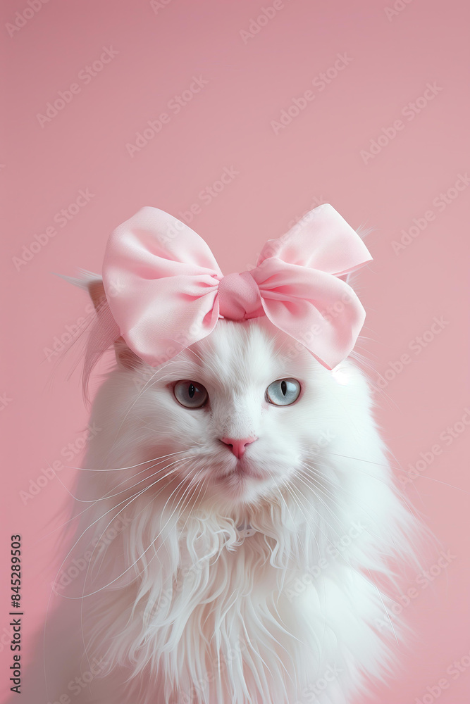 fluffy white cat with a large pastel pink bow on its head against a solid light pink background, lady pet, cute pet care, grooming salon concept fluffy white cat with a large pastel pink bow on its head against a solid light pink background, lady pet, cute pet care, grooming salon concept