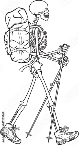 Human Skelton hiking wearing backpack and holding trekking poles